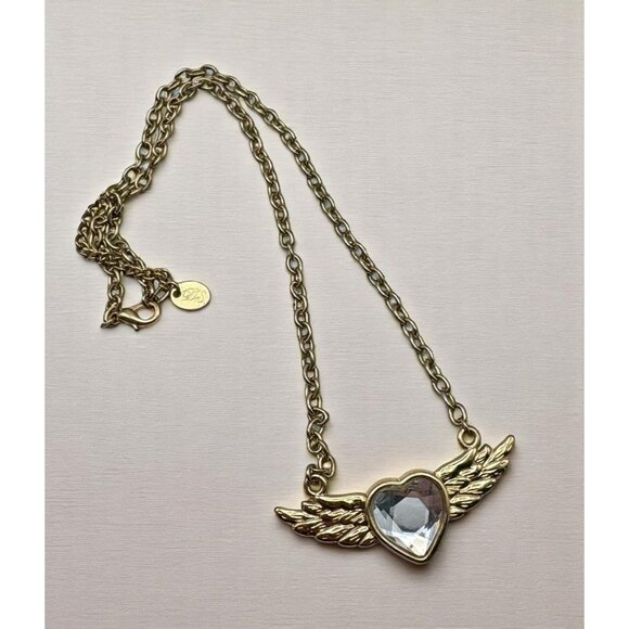 Winged Heart Pendant Necklace Gold Tone Chain with Rhinestone Center DS - Picture 1 of 7